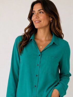 H&M Women’s Teal Green Button Down Blouse Long Sleeve Shirt